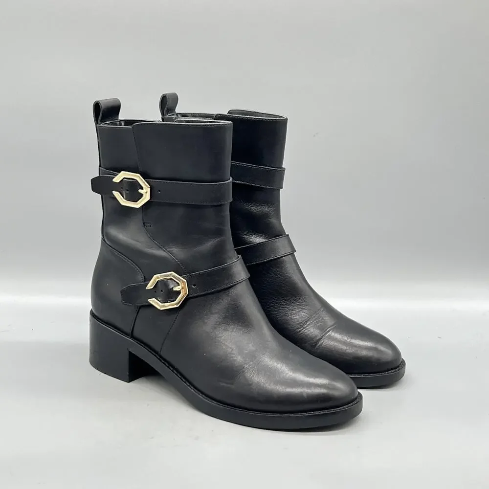 Cole Haan Boots Womens 6 Black Leather Ankle Biker Buckle Zip Block Heel Shoes